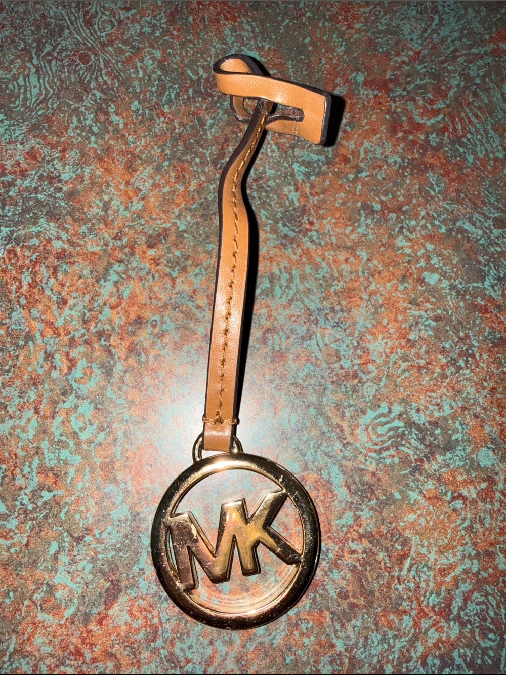 Michael Kors Brown Leather Strap Key Charm with Gold MK Logo